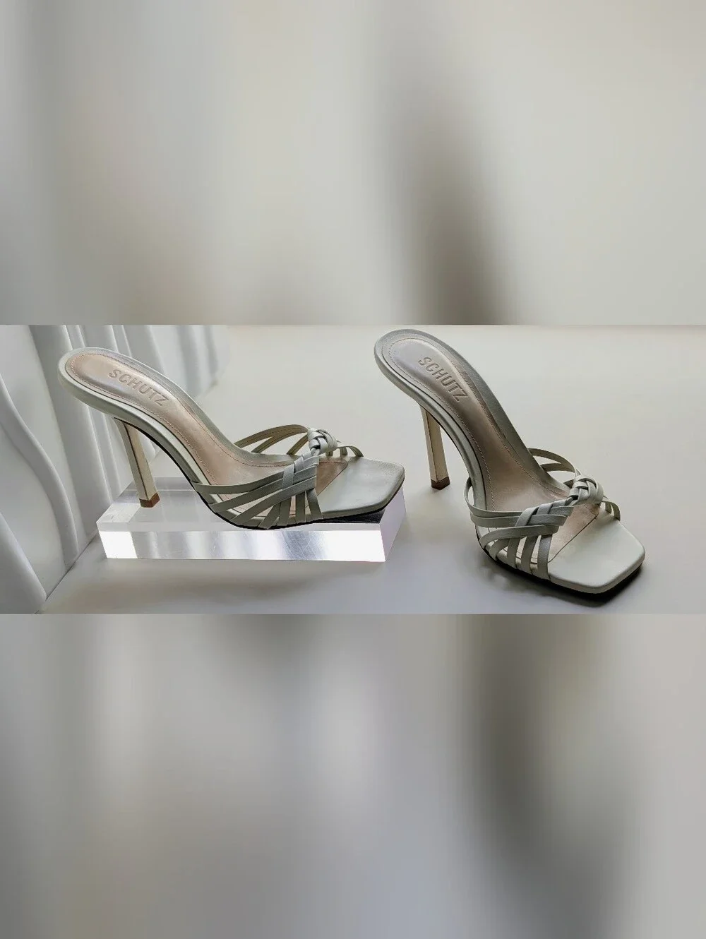 SCHUTZ Tara Leather Mule Sugar White Woven Stiletto Heels Size 8 NWT